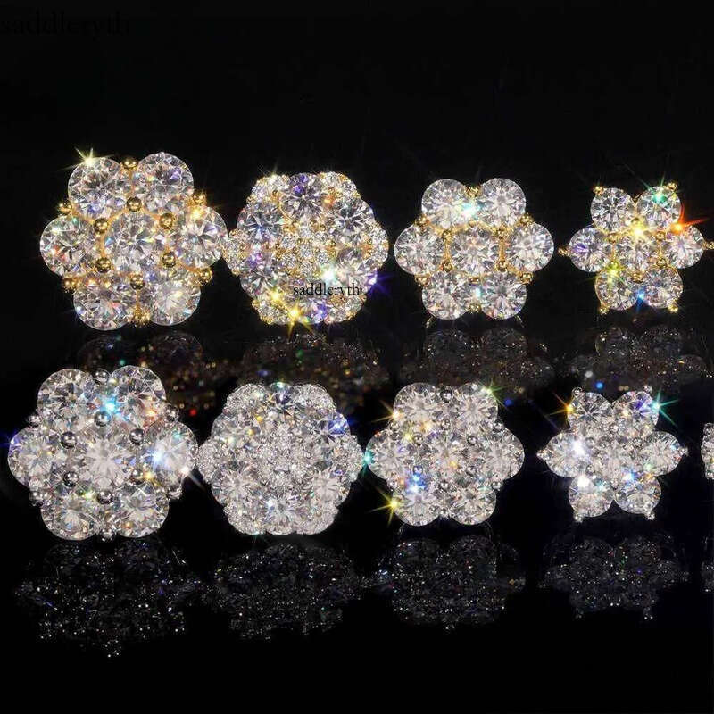 Hot Sale Pass Tester Hip Hop Sier Gold Plated VVS Dia Moissanite Flower Stud Earrings Cluster 44
