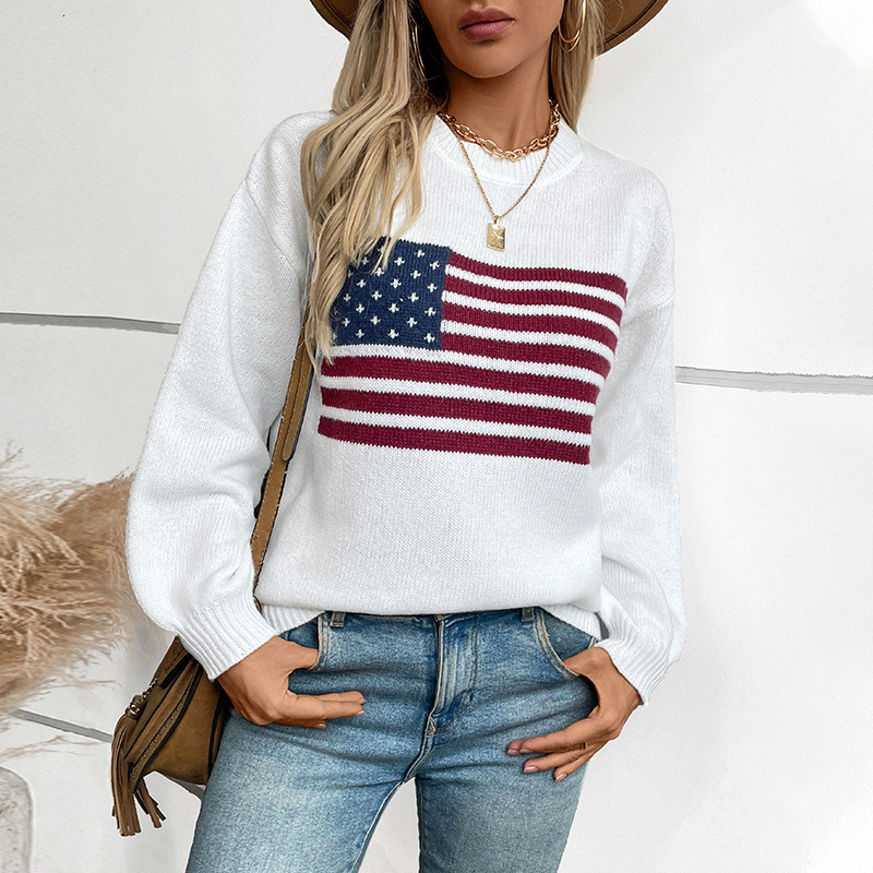 MaoMaoYu 2024 Autumn Winter New American Flag Pullover Round Neck Knitted Sweater Women's Fashion