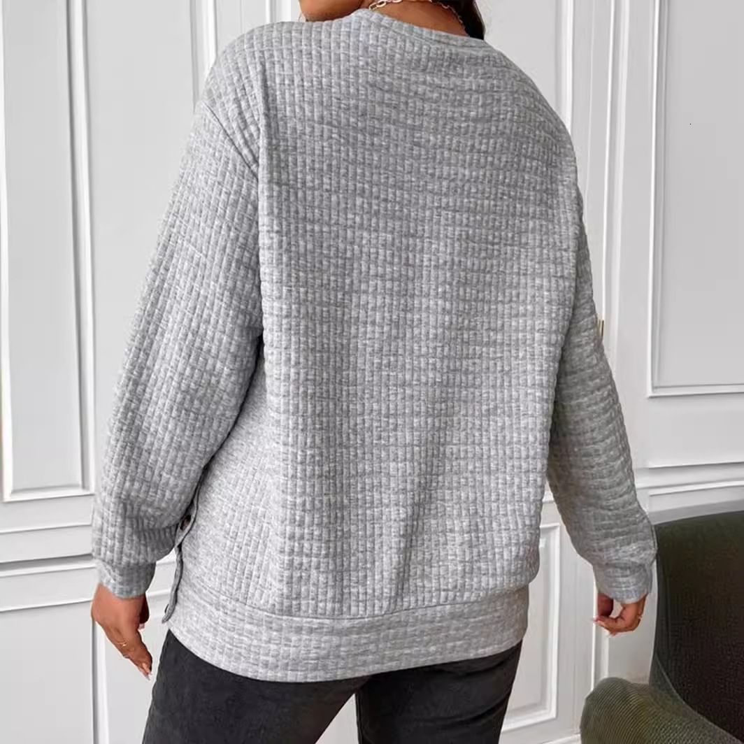 Autumn Winter New Women's Clothing Solid Color Loose Plaid Button Round Neck Pullover Patchwork Long Sleeve Sweatshirt for Women