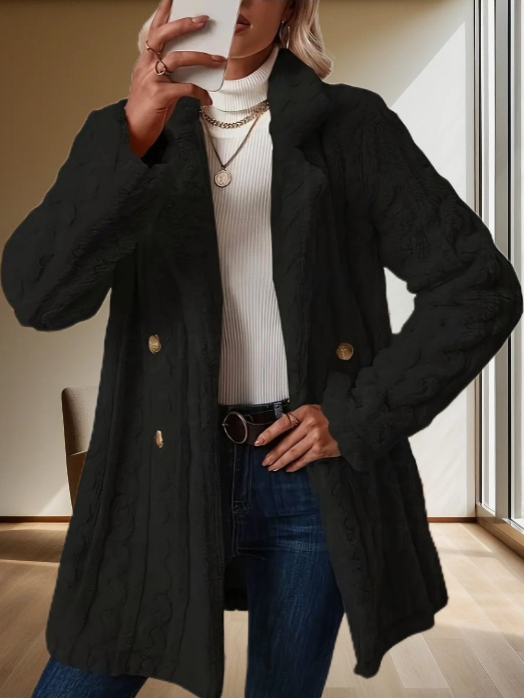 Women's Plush Coat Comfortable Casual Warm Suit Collar Double-Breasted Mid-Length Overcoat