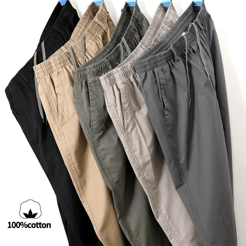 Mens 100% Cotton Sunwashed Pants Standard Fit Men Straight Cargo Trousers Casual Pants Monochromatic Elastic Waist 240911