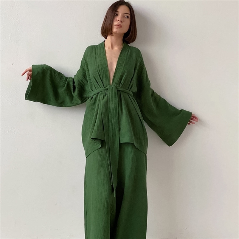 Women's Sleepwear Cotton Women's Nightgown 2 Pieces Set Drop Sleeves Robe Trouser Suits Flare Female Pajamas Summer Bathrobe For Woman Pajam