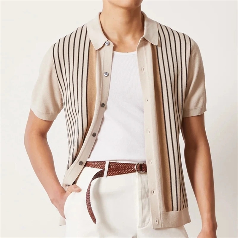 Summer Mens Lightweight Striped Knitted Polo Shirt Short Sleeve Casual Button Retro Fashion Trendy Knitted 241203