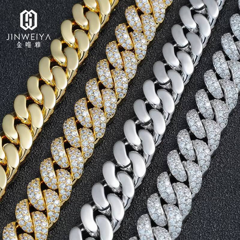 JWY Customized Trend Jewelry Hip Hop Men Necklace White Gold Iced Out Cuban Link Brass CZ Gold Chain