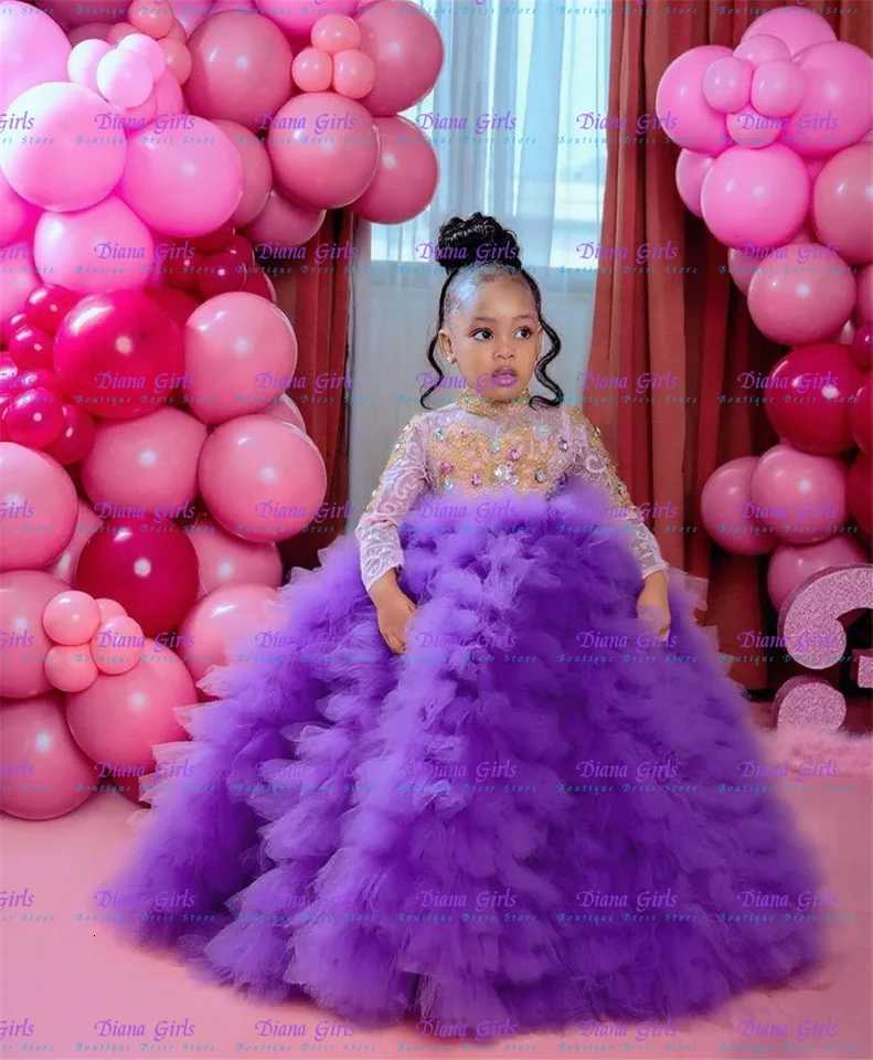 Layered Flower Girl Dress Elegant Tulle Gem Sequin Long Sleeve Fluffy Princess Kids Birthday Gift Ball First Communion Gowns W250925