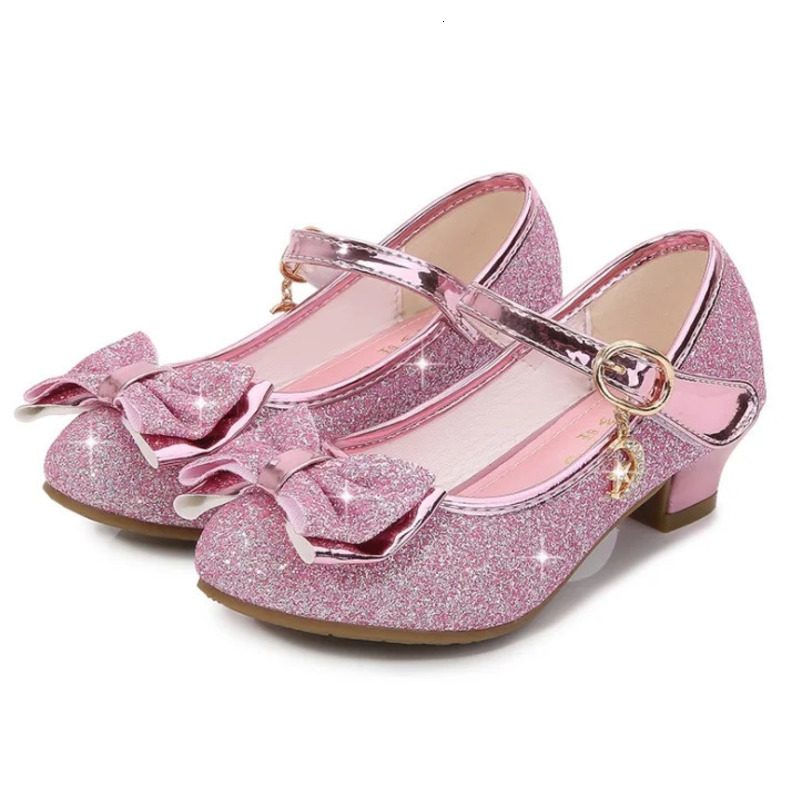 Girls Princess Shoes Butterfly Knot High-Heel Shiny Crystal Shoes Kids Leather Shoes Childrens Single Shoes Birthday Present 241219