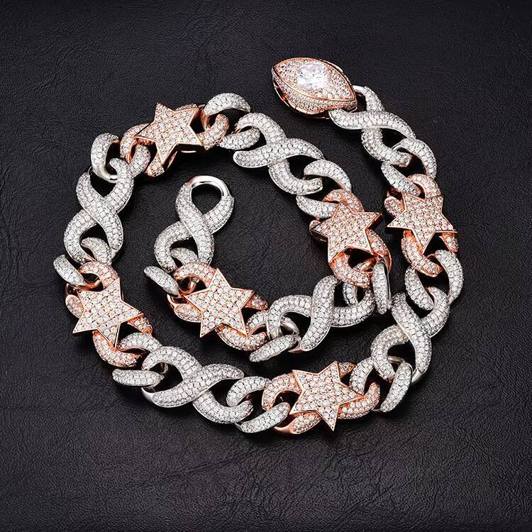 JWY Fashion Jewelry Choker Necklace Cuban Link Chain Eye Star Diamond 3A Iced Out CZ Star Hip Hop 16MM Brass Punk Moissanite Copper