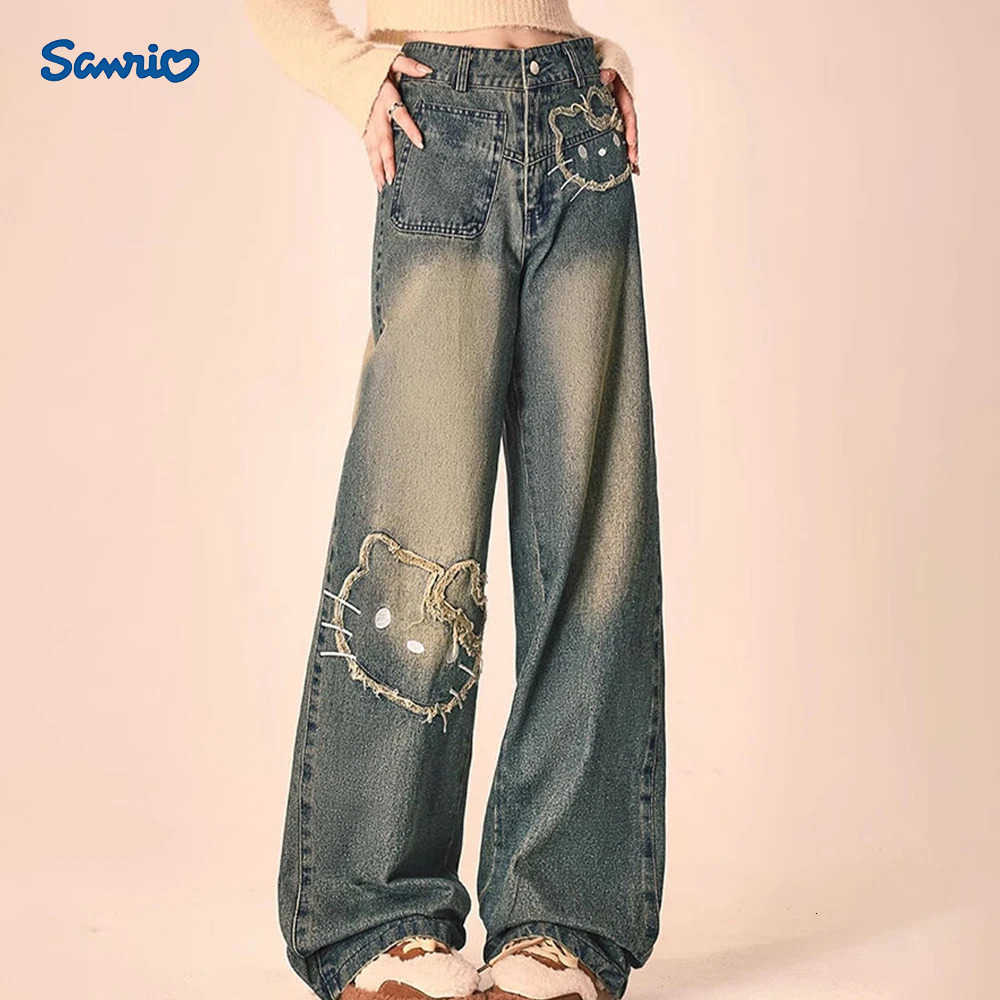 Sanrio Anime women Jeans Y2K Hello Kitty Kawaii American Style Vintage Pants Spring Autumn High Waist Trend Loose Mopping Pants L250925