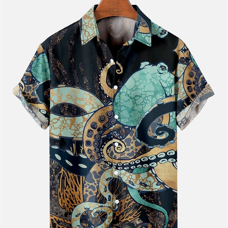 Men's Casual Shirts Men's and Women's Octopus Shirts Hawaiian Style Horn Print Short Sleeve Top Casual Holiday Party Holiday Clothing 2