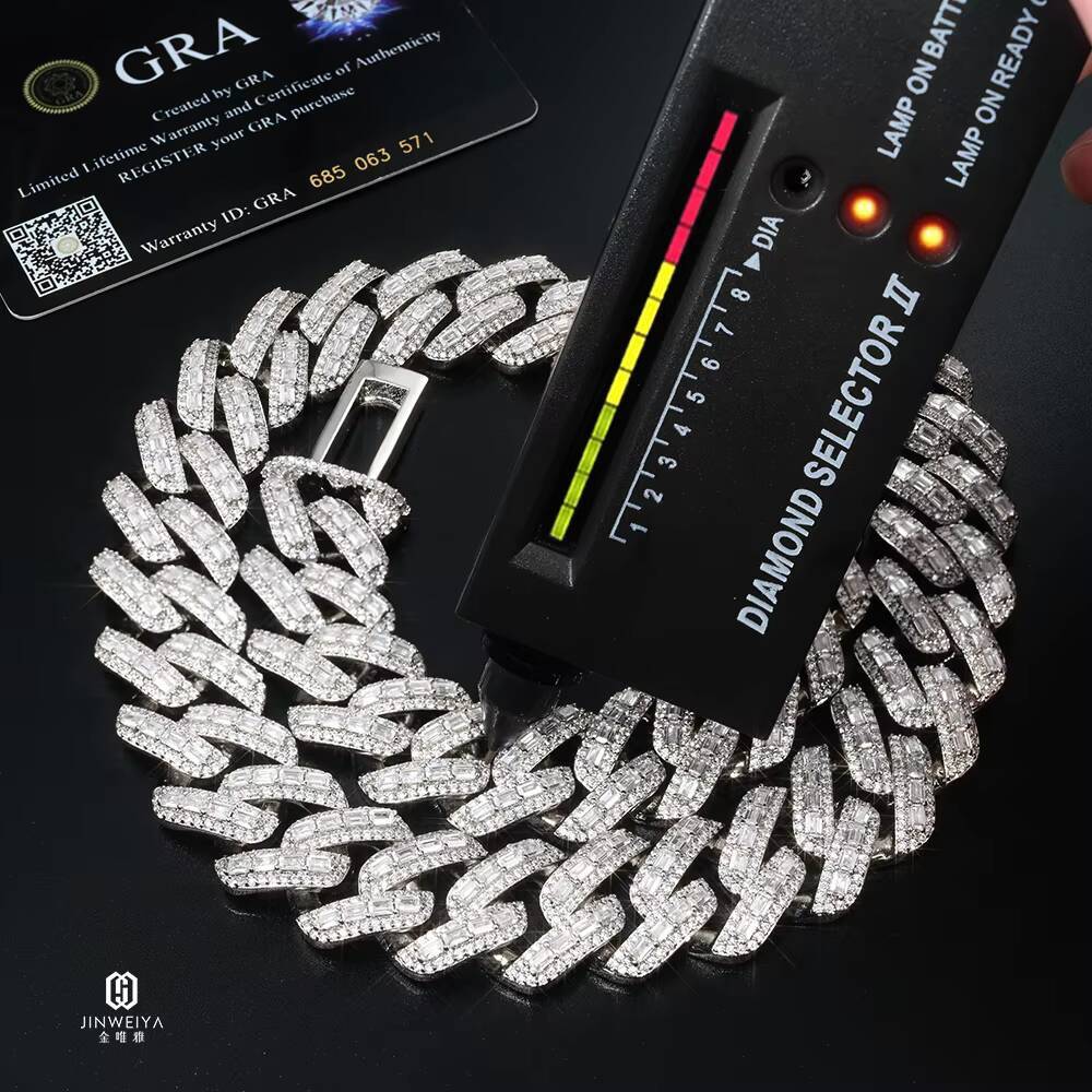 Best Quality 20MM Cuban Link Chains with Baguette Moissanite Diamond and Sterling Silver Hiphop Jewelrys Moissanite Necklaces