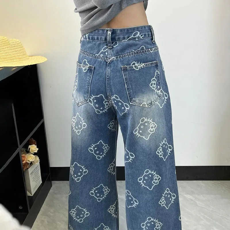 Sanrio Kawaii Hello Kittys Printed Jeans for Women Fashion High Waist Wide Leg Pant Cartoon Denim Pant Y2K Casual Trousers for Teenager L250925