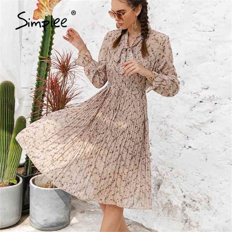 Elegant spring summer floral print midi dres Ruffle sleeve bow sash pleated dress chic High waist dresses loose 210630