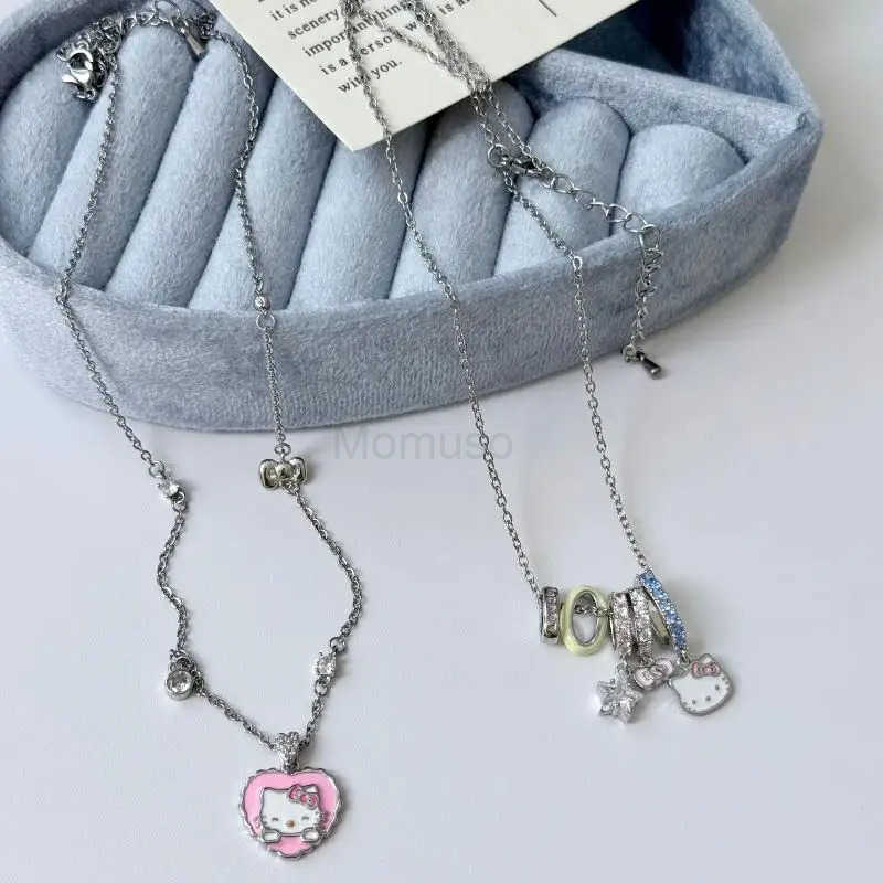Sanrio Cartoon Heart Hello Kitty Pendant Necklaces Fashion Shining Zircon Cute Cat Necklace For Women Jewelry Accessories Gifts L250925