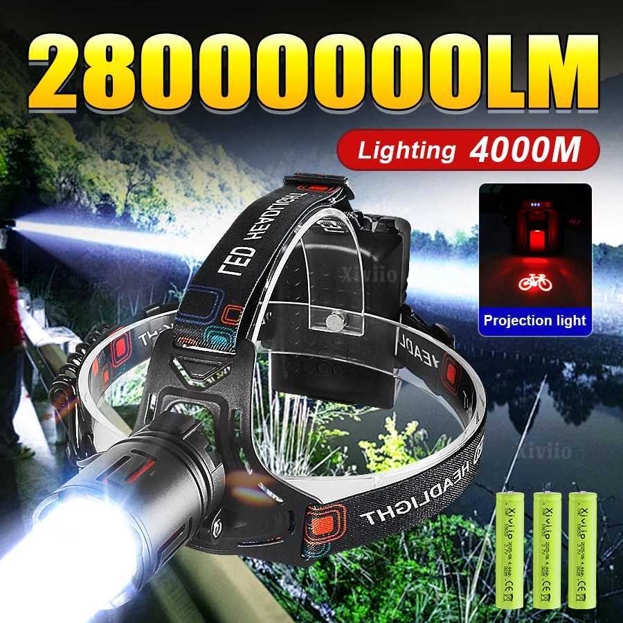 28000000LM Ultra Powerful LED Headlamp 4000M Rechargeable Headlight 18650 High Power Head Flashlight 15H Fishing Head Lantern J250925