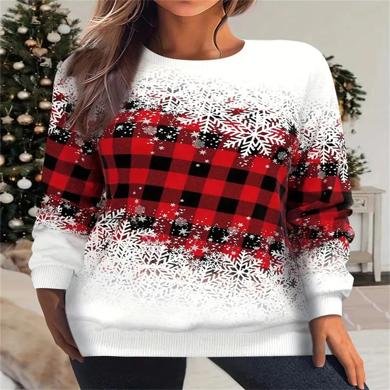 Christmas Snowflake and Checkered Womens Autumn/Winter Printed Long Sleeve Round Neck Hoodie Large Sweater 241113