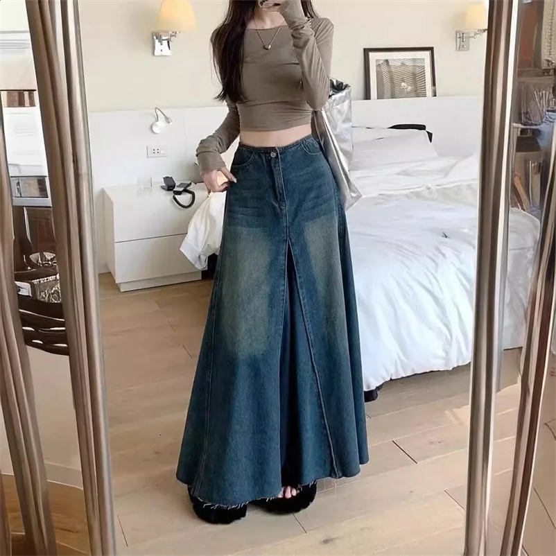 Retro washed denim tight fitting womens high waist weight loss A-line long skirt patch work style spring season arrival 250317