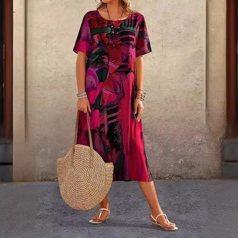 2023 Fashion Casual Printed Summer Short Sleeve Waist-Cinching Round Neck Loose Beach Maxi Dress