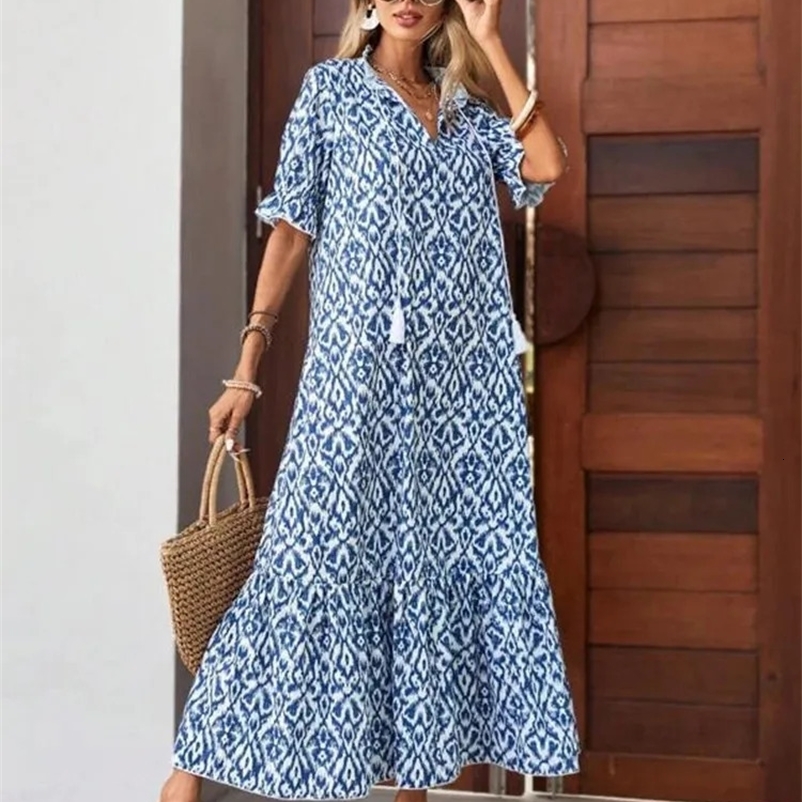 Womens summer chiffon V-neck short sleeved lace A-line long skirt Bohemian lace up swing long beach dress 241231