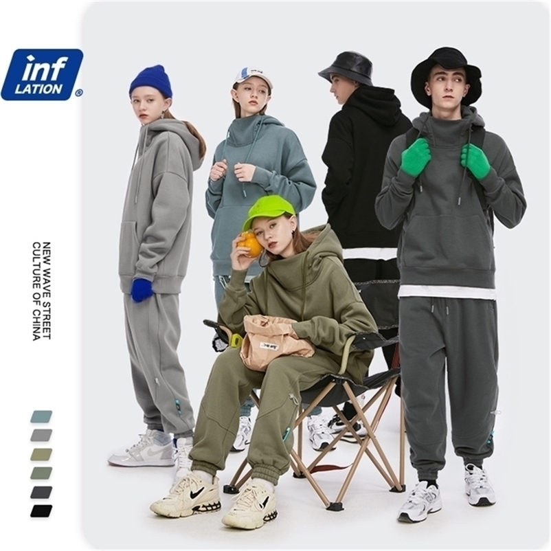 INFLATION Solid Color Thick Fleece Hoodie Men Winter Warm High Collar Oversized Hip Hop Hoodie Men Velvet Hoodie Women 1323W 201127