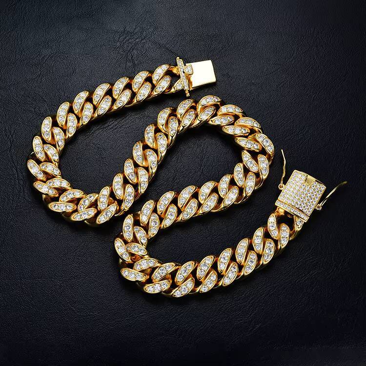 Hip Hop 15mm Cuban Chain Iced Rhinestone Miami Choker CopperSilver Alloy with Gold Plating Fashionable Necklaces Jewelry