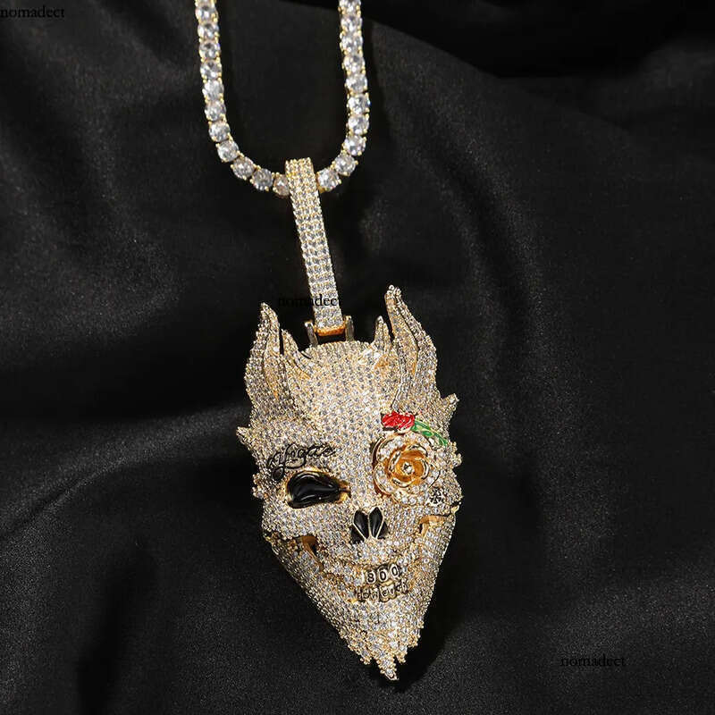 Iced Out Rose Skull Pendant Necklaces Mens Gold Necklace Fashion Punk Hip Hop Jewelry 2d