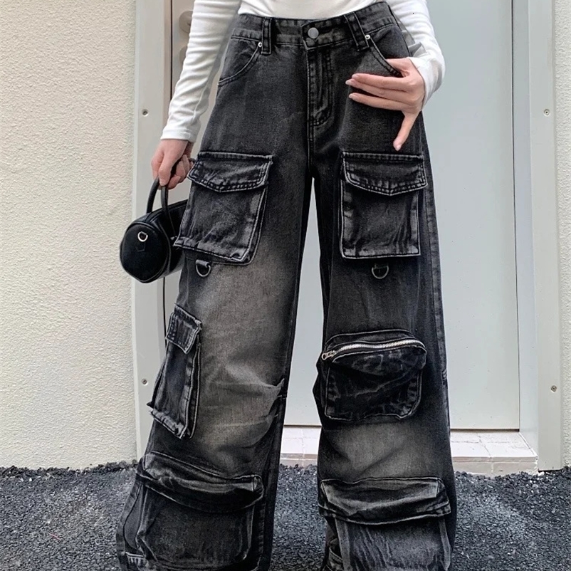 Garbage Y2K Street Laundry Black Luggage Cargo Jeans Womens Clothing Wide Leg Multi Pocket Gothic Womens Handcart 250225