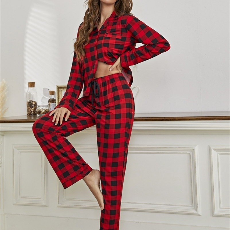 Women's Sleepwear Women Pajamas Set Plaid Long Sleeves Tops with Pants Ladies Homewear Suit Front Button Down Sleepwear Autumn Winter Nightwear 2
