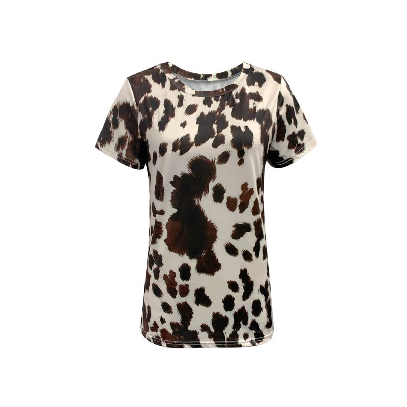 Women's Vintage Animal Print Crew Neck T - Shirt, Milk Silk Casual Versatile Short Sleeve Top for Outdoor & Vacation-CF52861