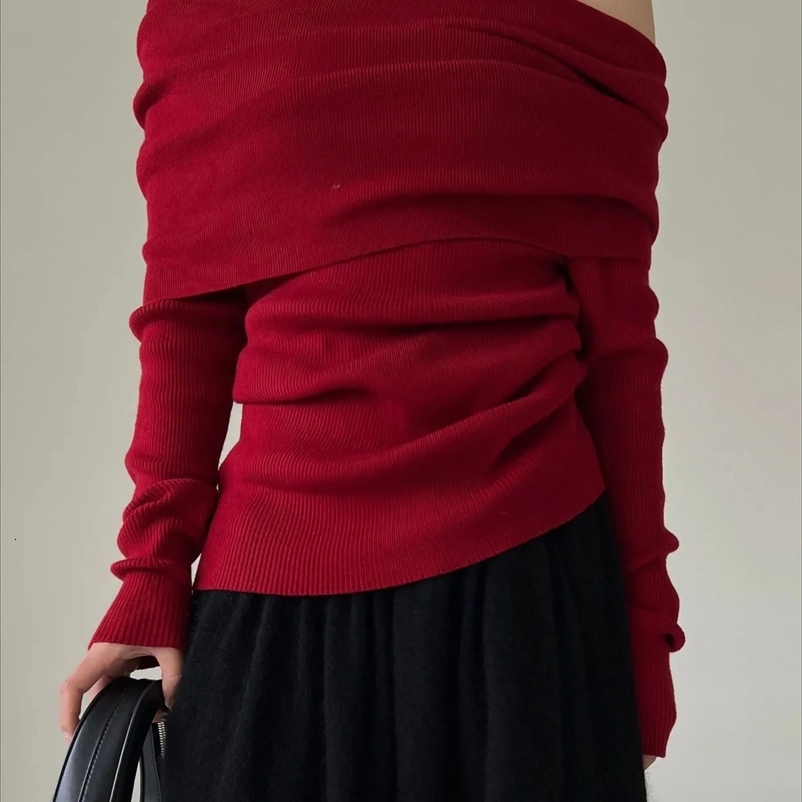 Autumn and Winter Shoulder Womens Sweater Elegant Retro Knitted Solid Jumper High Elasticity Top Soft and Unique Pulling 241231