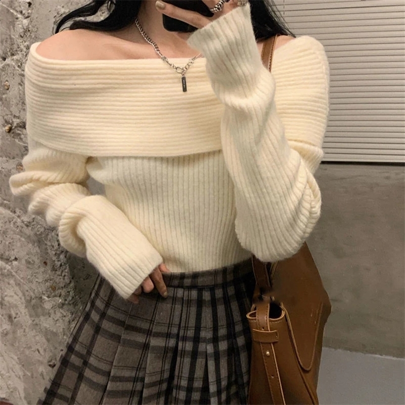 Lucyever Slash Neck Knitted Sweater Women Sexy Off Shoulder Long Sleeve Pullovers Female Korean Elegant Thicken Slim Jumpers Top 240911