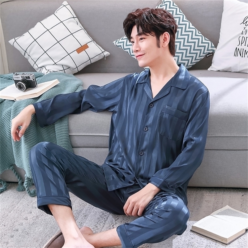 Men's Sleepwear Ice Silk Pajamas For Men Spring Summer Pyjamas Thin Breathable Lounge Set Simple Style Striped Elastic Waist pyjama pour femme 23