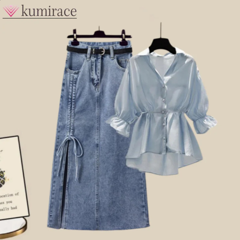 Large Size Summer Womens Suit French Shirt Waist Up Slimming Half Skirt Two Piece Set for Woman Skirts 240729