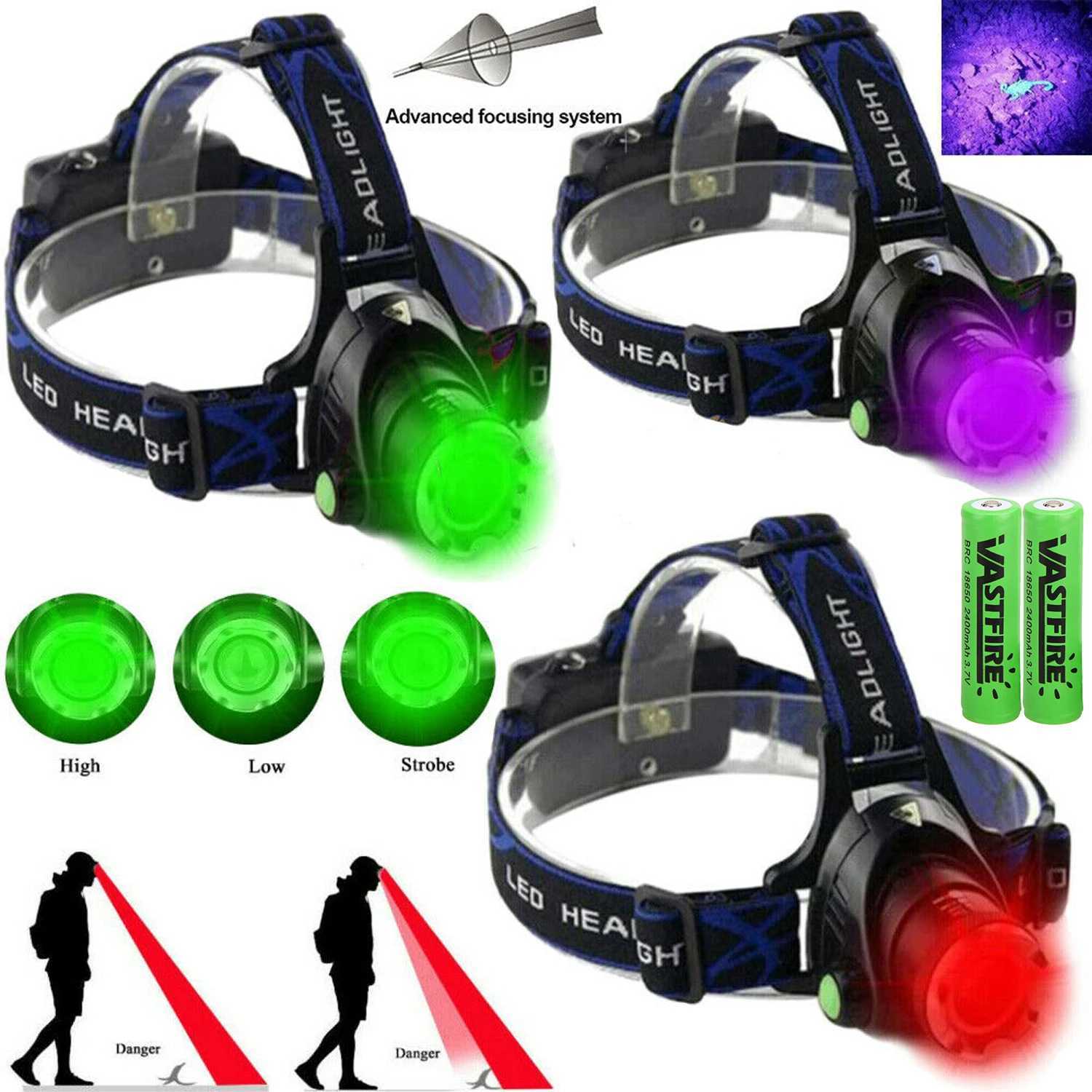 Outdoor Tools 2000LM Zoomable Headlamp GreenRedUV 395NM Light Waterproof USB Head Lamp 3 Mode Torches Lantern For Hunting J250925