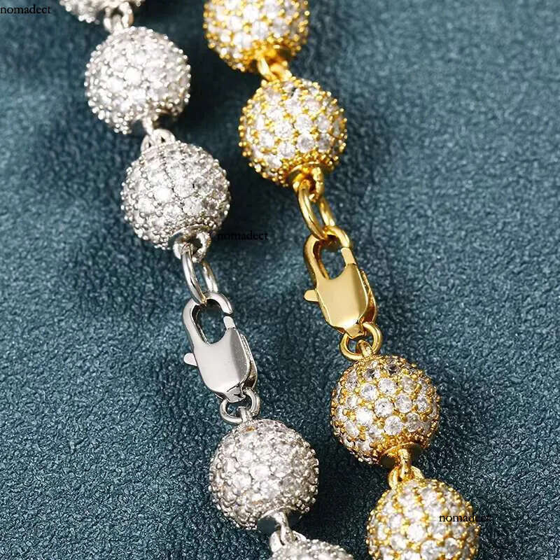 Bulk Wholesale Hip Hop Brass 10mm Dia Gold Plated Mrice Paved Moissanite Bead Necklace Women Men Jewelry f9