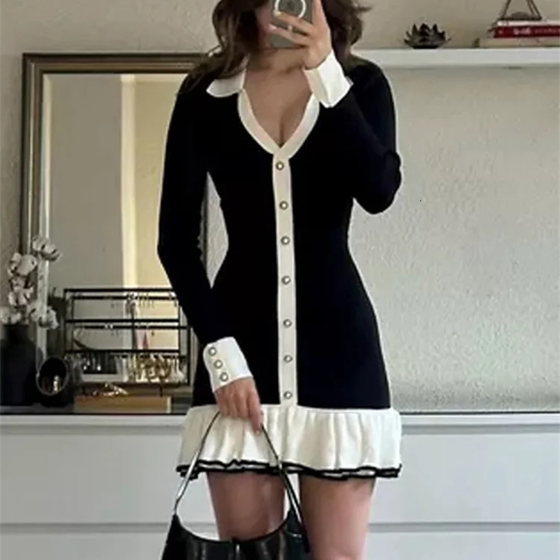 Cute Ruffle Bow Knitted Mini Dress for Women in Summer No Back Comparison Open Collar Lace Elegant Dress for Women Knitted Bandage Dress 241231