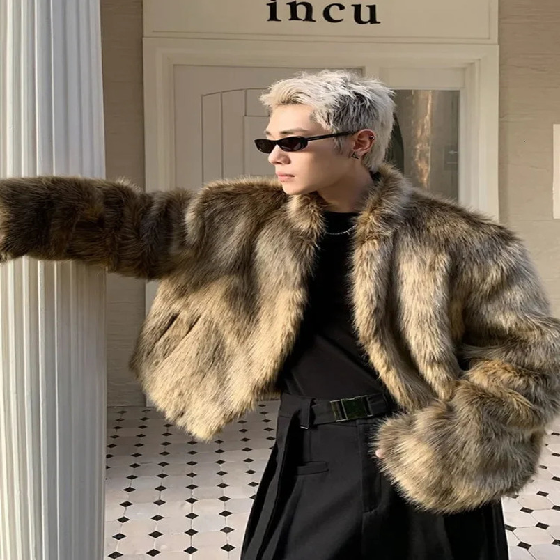 Korean fashion fox hair mens jacket street silver fox fur short thick casual winter street clothing warm faux fur coat 241113