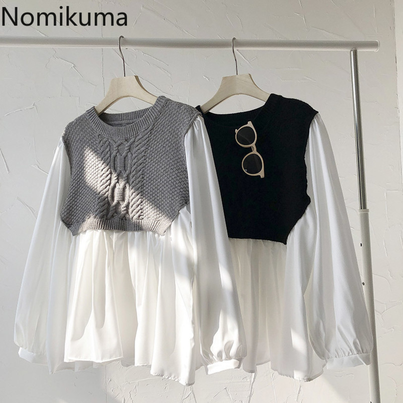 Nomikuma Twisted Knitted Patchwork Blusas Top Causal Sweet Women Doll Shirt Spring New Long Sleeve O-neck Blouses 6E096 210427