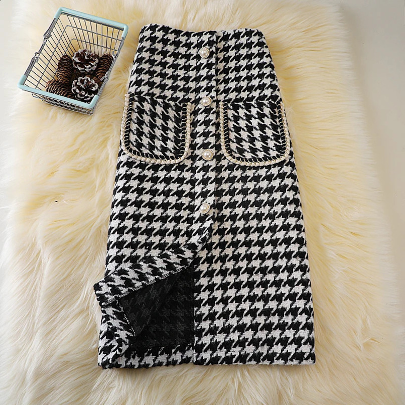 high waisted thick tweed womens celebrity long dress elegant Aline buckle fashionable split flared skirt Spring 240823