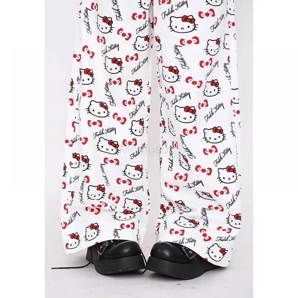 Sanrio Anime Jeans Y2K Hello Kitty Cartoon Comfort Loose Wide Leg Pants Cute American Retro Straight Leg Pants Sweet Girls Gift L250925