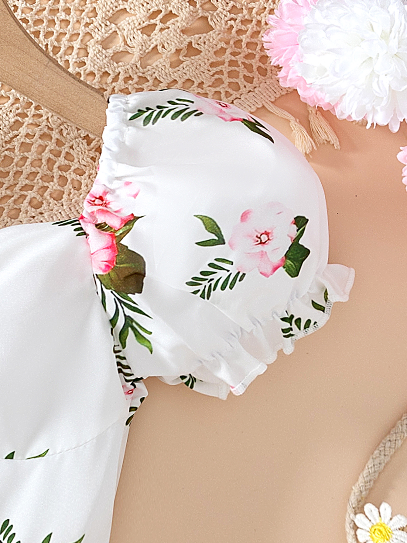 Toddler Girl Floral Print Dress, Puff Sleeve Sweetheart Neckline Dress for 4 - 7Y, Cute Summer Outfit-3000