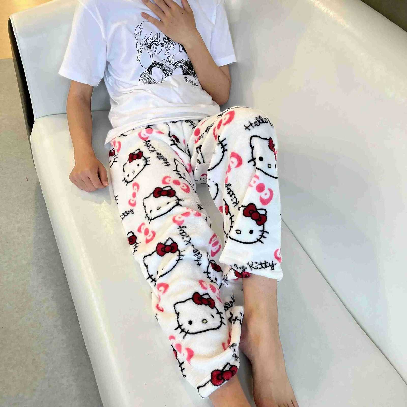 Sanrio 2024 Hello Kitty Pajamas Halloween Flannel Fashion Trouserswomen Kawaii Woolen Anime Cartoon Casual Home Pants Autumn L250925