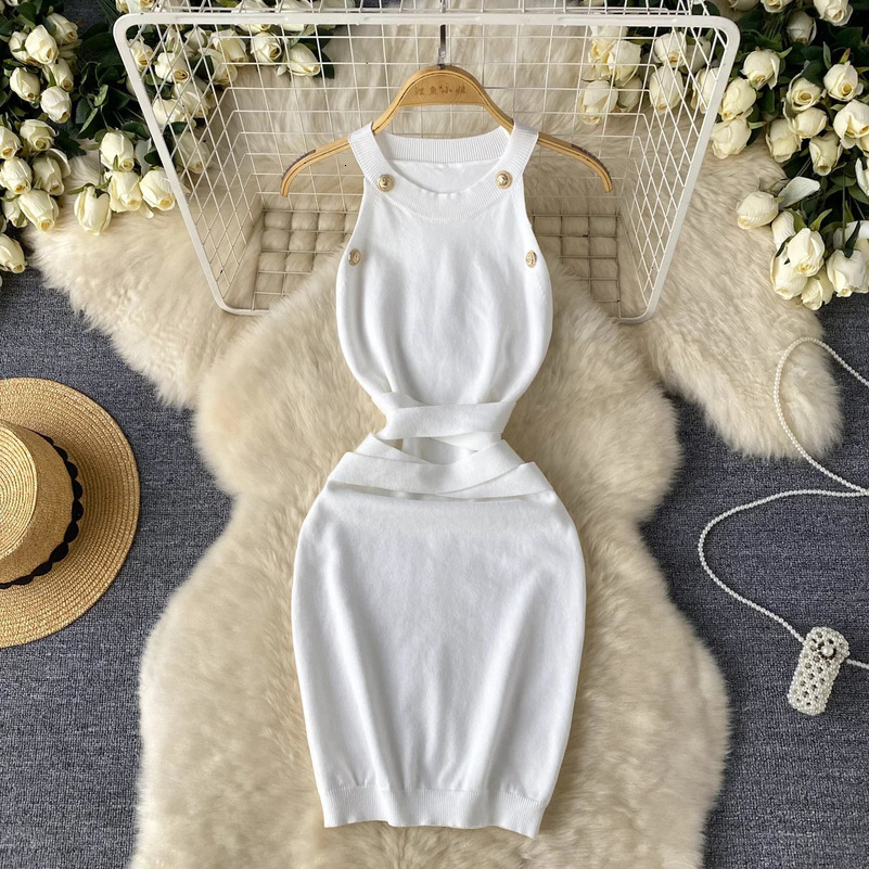 Button summer womens knitted jacket vest dress womens tight corset sleeveless mini dress 250427