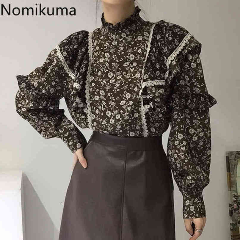 Nomikuma Vintage Floral Women Blouse Korean Lace Patchwork Ruffle Stand Neck Shirt New Long Sleeve Pullover Top Blusa 6D336 210427