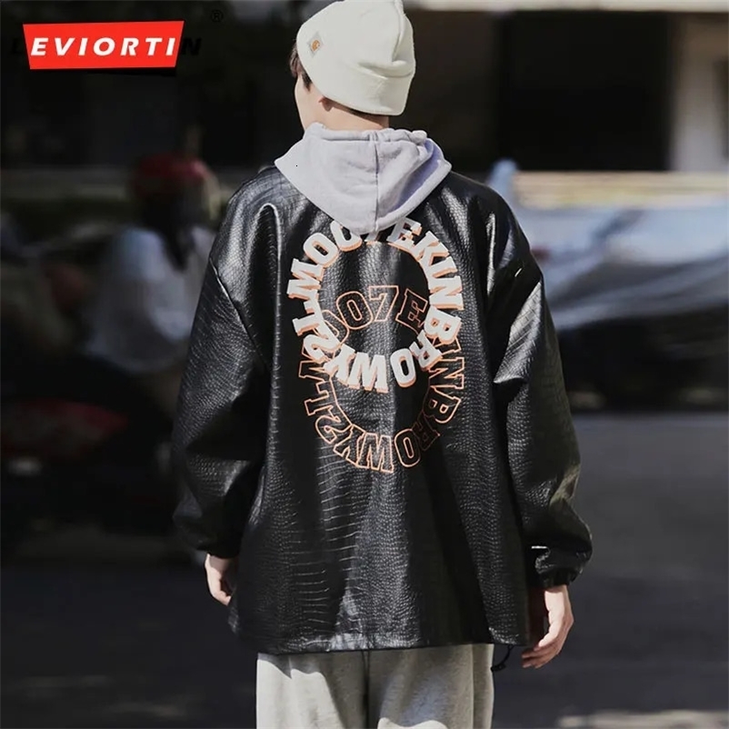 Mens Pu Leather Jacket Harajuku Retro Motorcycle Loose Couple Coat Letter Print Lapel Bomber Outwear Y2k Streetwear 240809