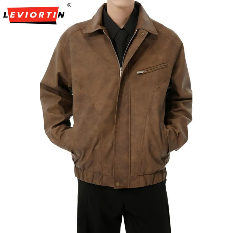 Mens autumn workwear lapel zipper short jacket trend lapel Pu leather solid color bomber jacket fashionable mens clothing 240906