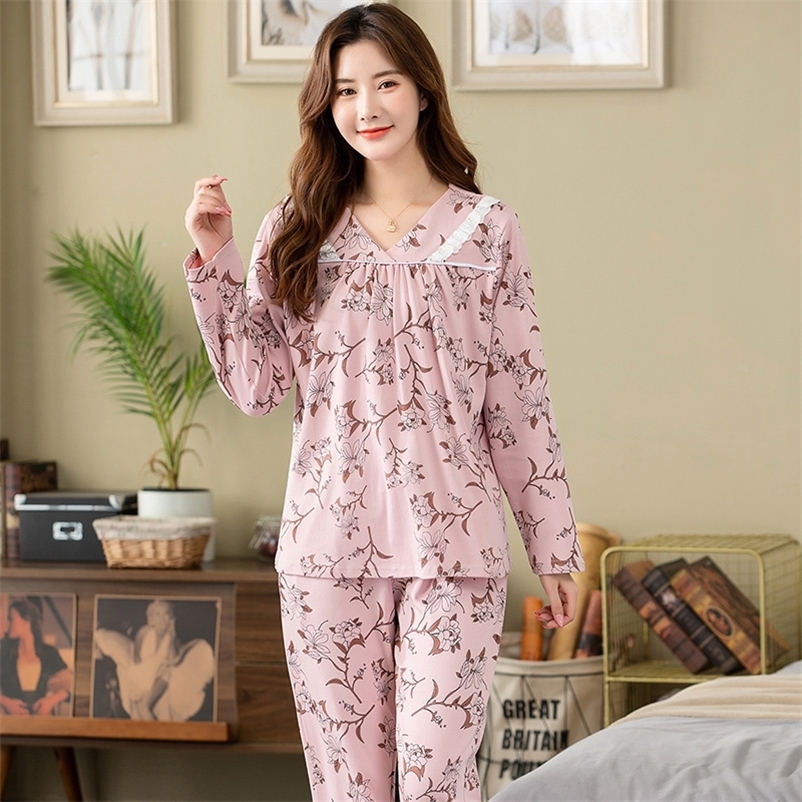 Women's Sleepwear Pajamas Sets Women Floral Full Cotton Fashion Lace Women Long Sleeve Sleepwear Suit 2 piece Sexy Autumn Home Lounge Gift XXXXL 