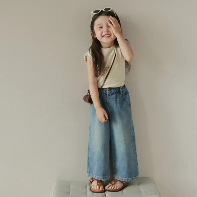 Kids High Waist Wide-Leg Jeans for 3-8Y Girls Solid Multi-Pocket Elastic Waist Jeans Casual Fashion Kids Denim Trousers 250515