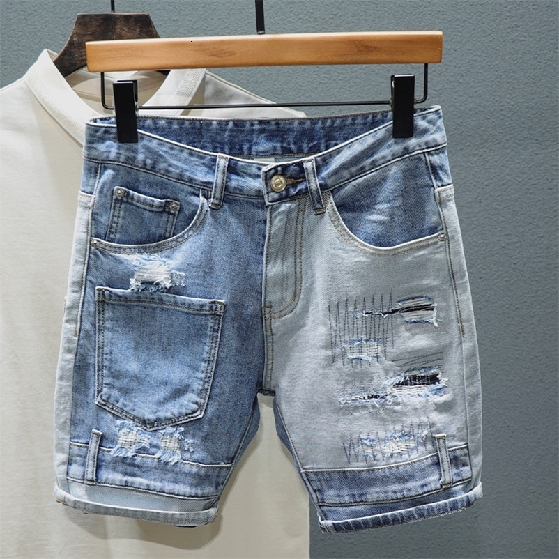 Men's Shorts Slim Straight Jeans Shorts Men Personality Multi Pocket Mixed Color Stitching Patch Ripped Hole Denim Shorts Male Streetwear 230426