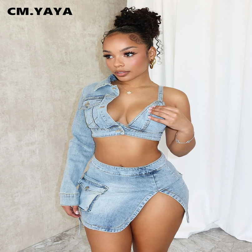 CM YAYA Fashion Denim Womens Long Sleeve Crop Jacket and Side Split Jeans Midi Skirt Chic Two 2piece Set 240810