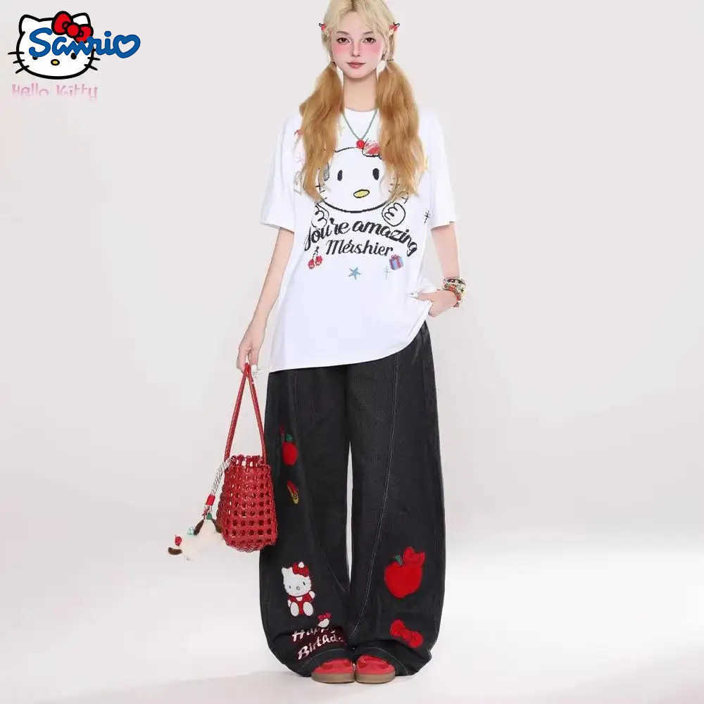 Sanrio Y2K Hello Kitty Loose Anime Wide Leg Pants Cute American Straight Leg Pants Sweet Girls Gift Cartoon Retro Women Jeans L2509251